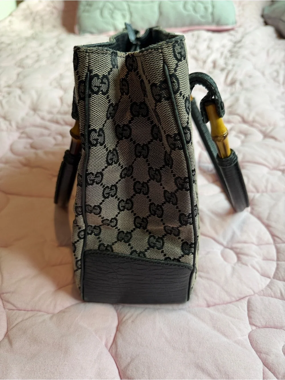 Gucci Black & Grey GG Canvas Tote with Bamboo Accents